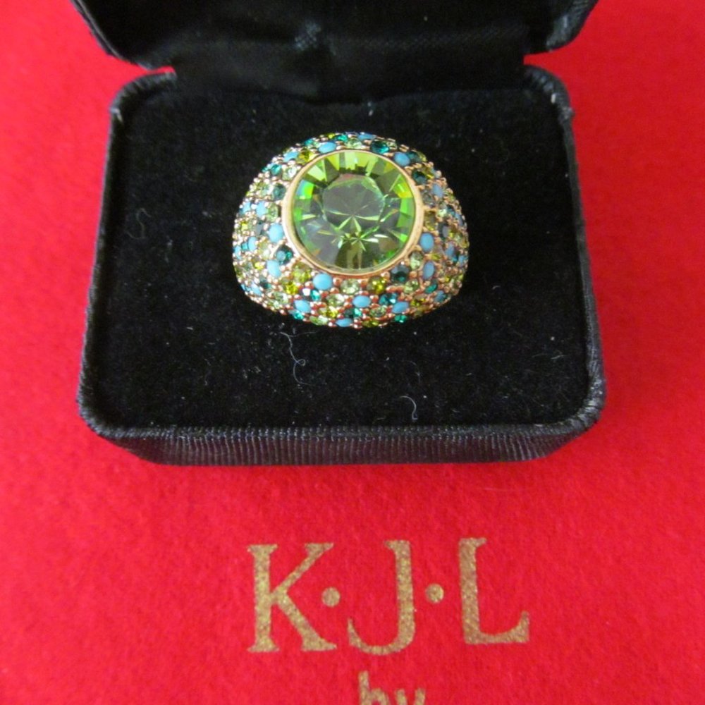 KJL GREEN QUARTZ/MULTISTONES GOLD BAND RING SIZE 7